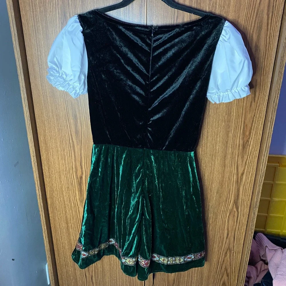 German Dirndl Costume Kids Size Medium Green Black Velvet Lace Trim